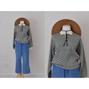 Vintage 80s Geometric Gray/Beige Pullover Acrylic/Nylon Sweater size Large‎